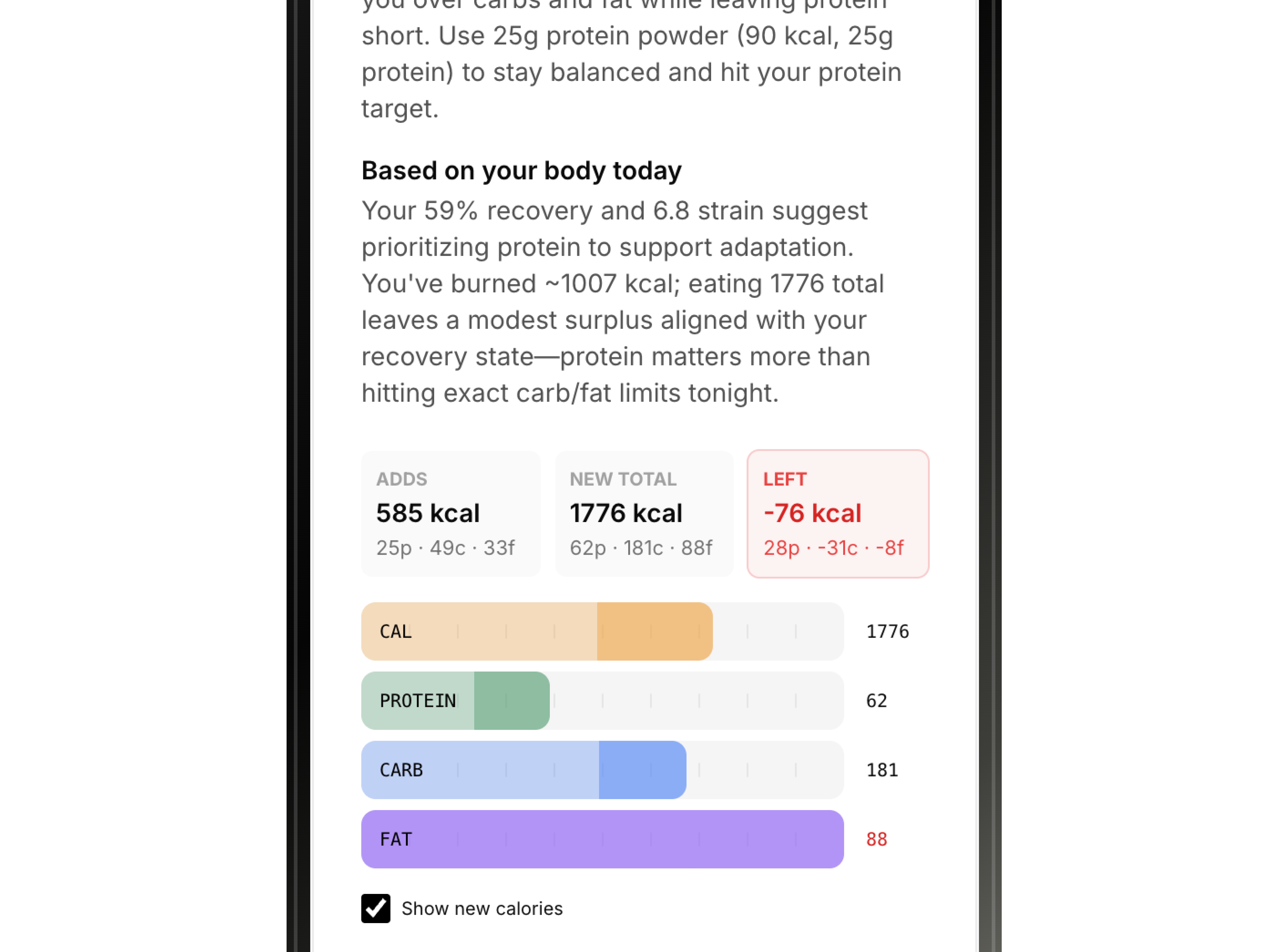Ask screen breaking down how a meal adds calories against a WHOOP-adjusted target, with recovery and strain context.
